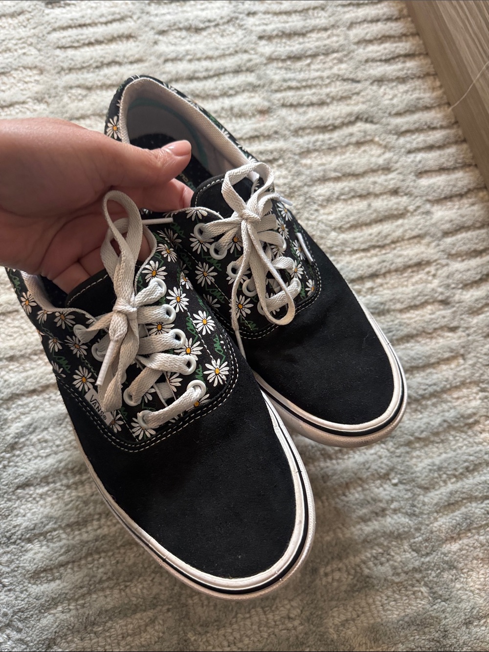 Vans Black Canvas Sneakers with White Daisy Pattern